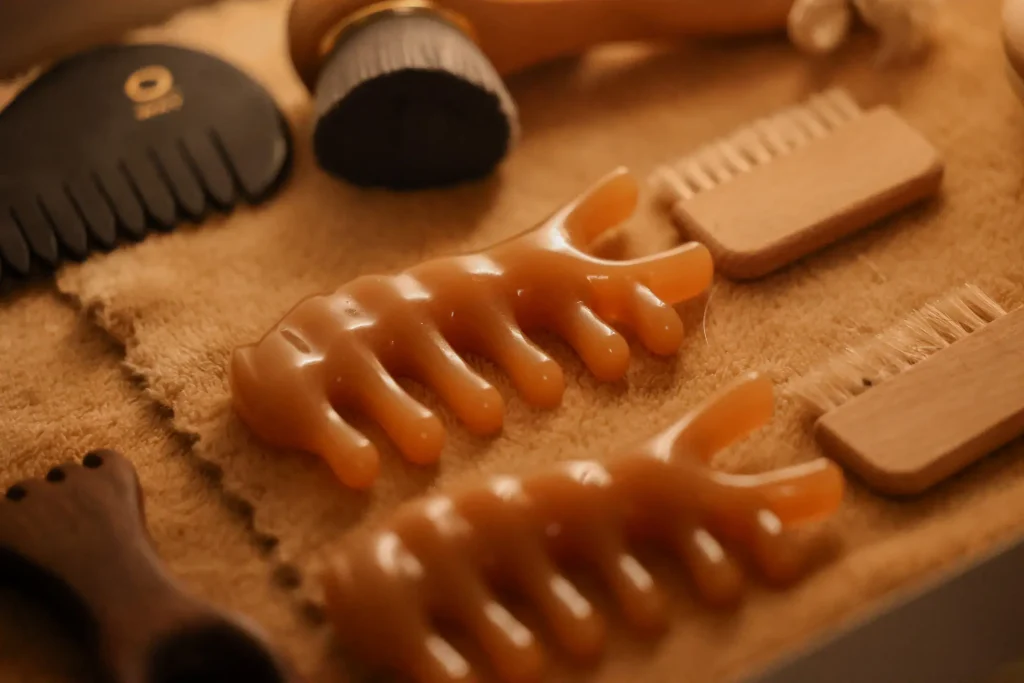Natuurlijke haarborstels gebruikt tijdens een headspa behandeling