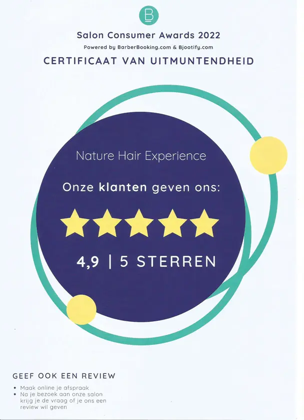 Salon Consumer Award 2022, certificaat van uitmuntendheid Nature Hair Experience