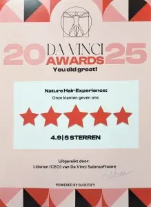 Da Vinci Award 2025, 4,9 sterren klantbeoordeling Nature Hair Experience