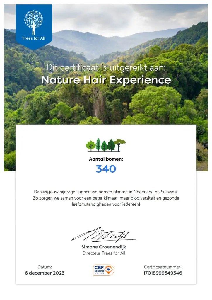 Trees for All certificaat, 340 bomen geplant door Nature Hair Experience